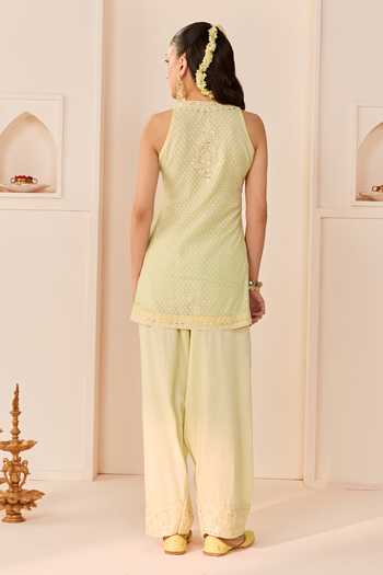 Shop_Sheetal Batra_Green , Chanderi, Cotton, Organza Miral Mint Short Kurta Salwar Set _at_Aza_Fashions