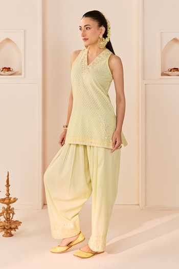 Sheetal Batra_Green , Chanderi, Cotton, Organza Miral Mint Short Kurta Salwar Set _Online_at_Aza_Fashions