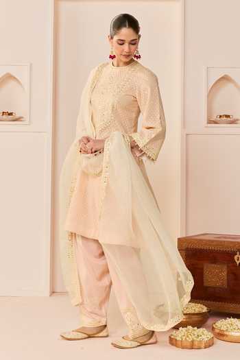 Buy_Sheetal Batra_Pink Chanderi Silk, Cotton Round Nida Carnation Short Choga Kurta Salwar Set _Online_at_Aza_Fashions