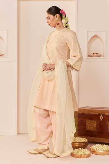 Shop_Sheetal Batra_Pink Chanderi Silk, Cotton Round Nida Carnation Short Choga Kurta Salwar Set _Online_at_Aza_Fashions