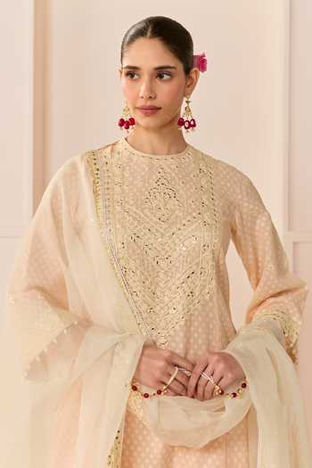 Sheetal Batra_Pink Chanderi Silk, Cotton Round Nida Carnation Short Choga Kurta Salwar Set _at_Aza_Fashions