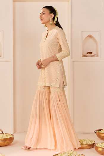 Buy_Sheetal Batra_Pink Chanderi , Pure Cotton, Yasneen Carnation Short Kurta Gharara Set _Online_at_Aza_Fashions