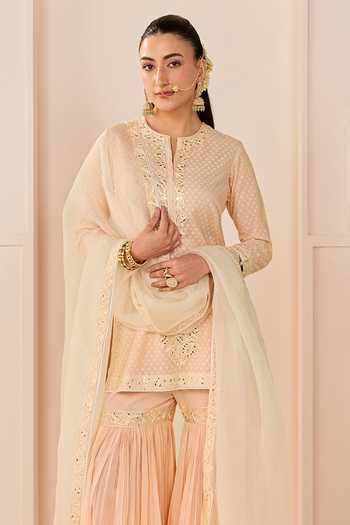 Shop_Sheetal Batra_Pink Chanderi , Pure Cotton, Yasneen Carnation Short Kurta Gharara Set _Online_at_Aza_Fashions