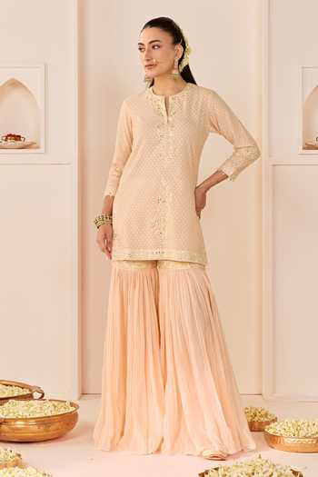 Sheetal Batra_Pink Chanderi , Pure Cotton, Yasneen Carnation Short Kurta Gharara Set _at_Aza_Fashions