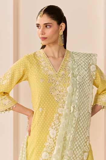 Sheetal Batra_Yellow Chanderi , Cotton, Organza Ruhani Lemon Long Kurta Skirt Set _Online