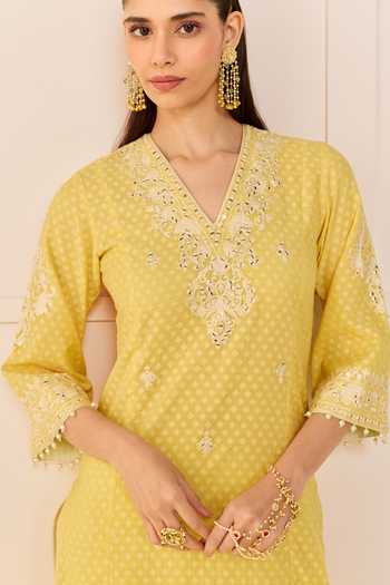 Buy_Sheetal Batra_Yellow Chanderi , Cotton, Organza Ruhani Lemon Long Kurta Skirt Set _Online