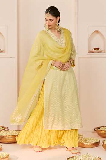 Buy_Sheetal Batra_Green , Chanderi, Pure Cotton, Ruhani Mint Long Kurta Skirt Set _at_Aza_Fashions