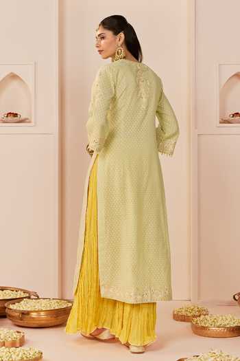 Shop_Sheetal Batra_Green , Chanderi, Pure Cotton, Ruhani Mint Long Kurta Skirt Set _at_Aza_Fashions