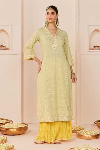 Sheetal Batra_Green , Chanderi, Pure Cotton, Ruhani Mint Long Kurta Skirt Set _Online_at_Aza_Fashions