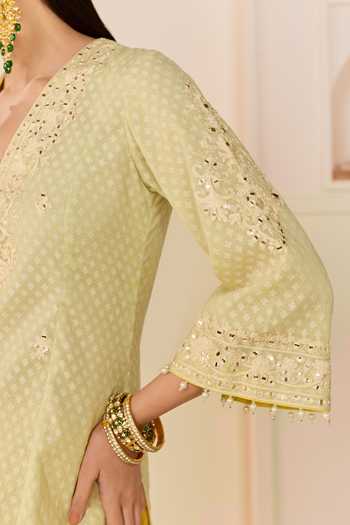 Shop_Sheetal Batra_Green , Chanderi, Pure Cotton, Ruhani Mint Long Kurta Skirt Set _Online_at_Aza_Fashions