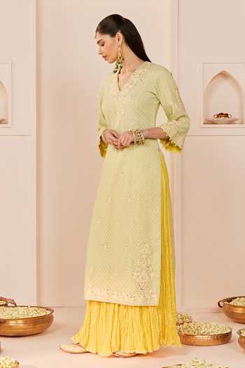 Sheetal Batra_Green , Chanderi, Pure Cotton, Ruhani Mint Long Kurta Skirt Set _at_Aza_Fashions