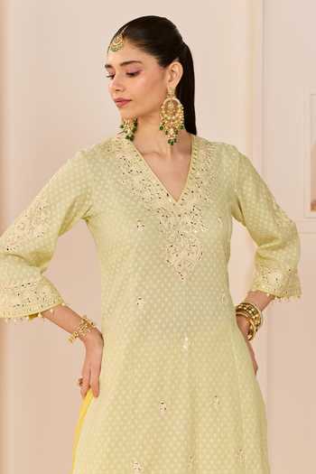 Buy_Sheetal Batra_Green , Chanderi, Pure Cotton, Ruhani Mint Long Kurta Skirt Set 