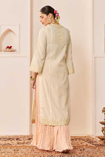 Shop_Sheetal Batra_Ivory Chanderi , Pure Cotton, Ruhani Daisy Long Kurta Skirt Set _at_Aza_Fashions