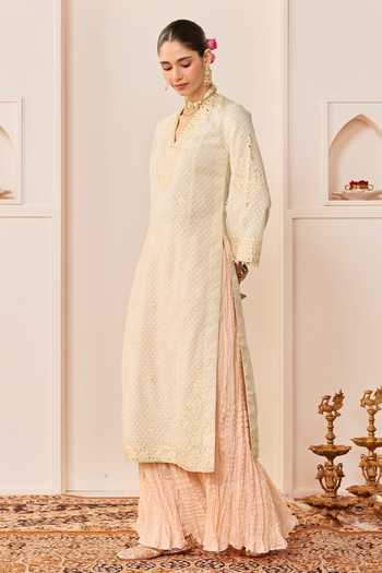 Buy_Sheetal Batra_Ivory Chanderi , Pure Cotton, Ruhani Daisy Long Kurta Skirt Set _Online_at_Aza_Fashions