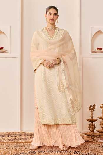Buy_Sheetal Batra_Ivory Chanderi , Pure Cotton, Ruhani Daisy Long Kurta Skirt Set _at_Aza_Fashions