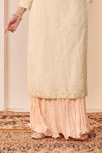 Shop_Sheetal Batra_Ivory Chanderi , Pure Cotton, Ruhani Daisy Long Kurta Skirt Set _Online_at_Aza_Fashions