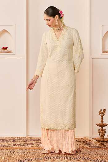 Sheetal Batra_Ivory Chanderi , Pure Cotton, Ruhani Daisy Long Kurta Skirt Set _at_Aza_Fashions