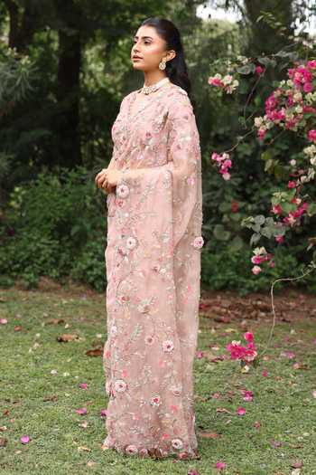 Buy_Summer By Priyanka Gupta_Pink Organza V-neck Faria Saree With Blouse _Online_at_Aza_Fashions