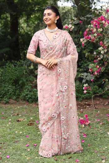 Buy_Summer By Priyanka Gupta_Pink Organza V-neck Faria Saree With Blouse _at_Aza_Fashions