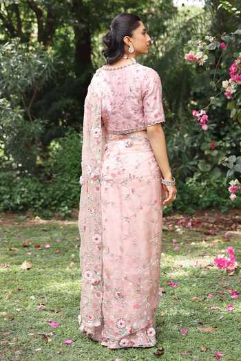 Shop_Summer By Priyanka Gupta_Pink Organza V-neck Faria Saree With Blouse _at_Aza_Fashions