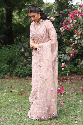 Shop_Summer By Priyanka Gupta_Pink Organza V-neck Faria Saree With Blouse _Online_at_Aza_Fashions