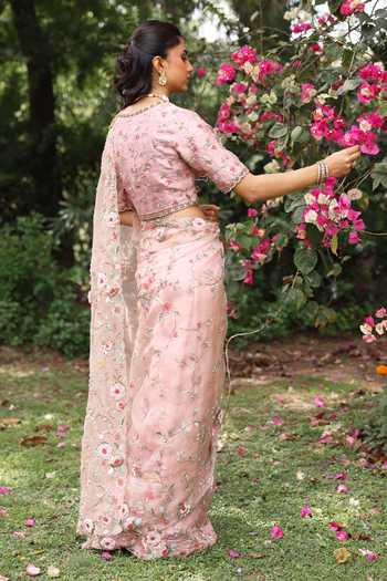 Summer By Priyanka Gupta_Pink Organza V-neck Faria Saree With Blouse _at_Aza_Fashions