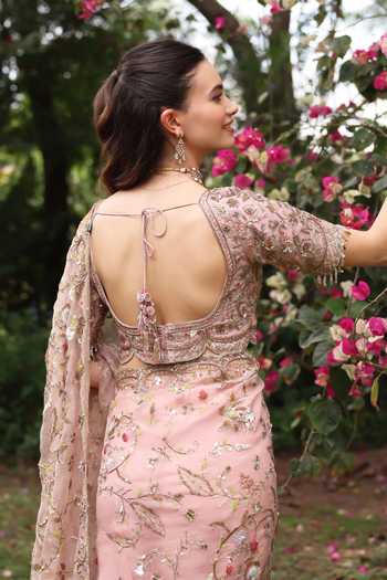 Shop_Summer By Priyanka Gupta_Pink Organza Square Neck Wedding Bloom Saree With Blouse _at_Aza_Fashions