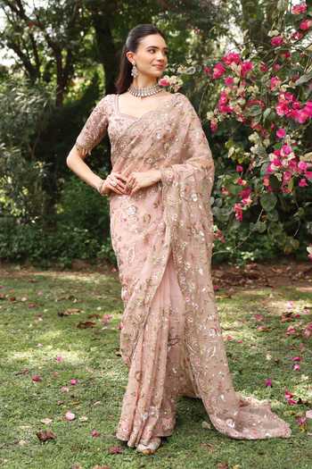Buy_Summer By Priyanka Gupta_Pink Organza Square Neck Wedding Bloom Saree With Blouse _at_Aza_Fashions