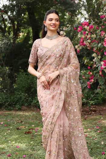Buy_Summer By Priyanka Gupta_Pink Organza Square Neck Wedding Bloom Saree With Blouse _Online_at_Aza_Fashions