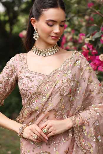 Shop_Summer By Priyanka Gupta_Pink Organza Square Neck Wedding Bloom Saree With Blouse _Online_at_Aza_Fashions
