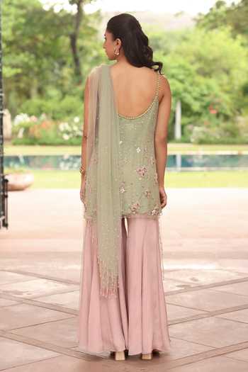 Shop_Summer By Priyanka Gupta_Green Net, Chinon Scoop Neck, Yes Zaria Sleeveless Kurta Sharara Set _at_Aza_Fashions