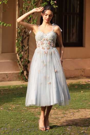 Buy_Summer By Priyanka Gupta_Blue Net Sweetheart Neck Zaria Flared Dress _at_Aza_Fashions