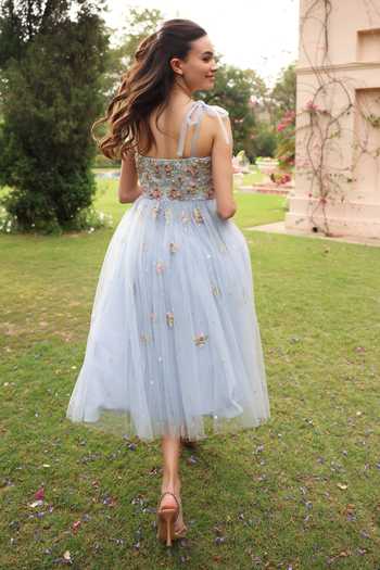 Shop_Summer By Priyanka Gupta_Blue Net Sweetheart Neck Zaria Flared Dress _at_Aza_Fashions