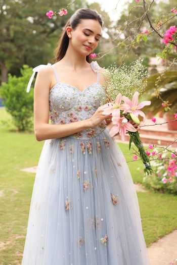 Summer By Priyanka Gupta_Blue Net Sweetheart Neck Zaria Flared Dress _Online_at_Aza_Fashions