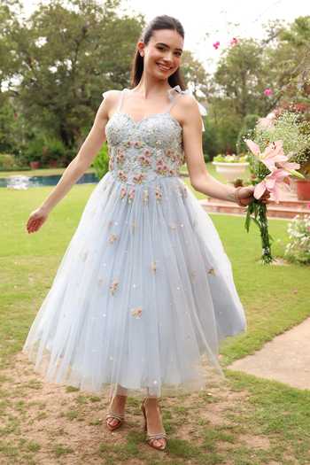 Buy_Summer By Priyanka Gupta_Blue Net Sweetheart Neck Zaria Flared Dress _Online_at_Aza_Fashions