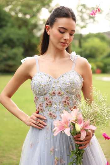 Summer By Priyanka Gupta_Blue Net Sweetheart Neck Zaria Flared Dress _at_Aza_Fashions