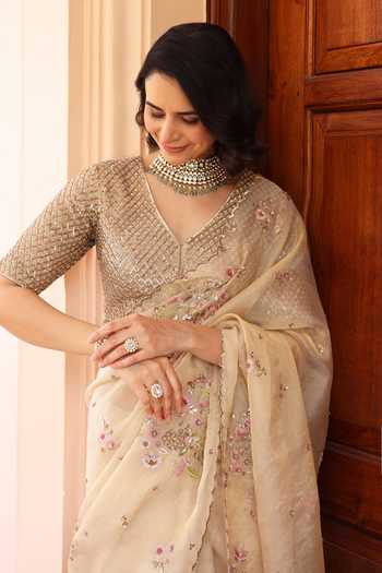 Buy_Summer By Priyanka Gupta_Gold Tissue Round Neck Nafees Saree With Blouse _Online_at_Aza_Fashions
