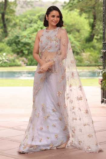 Summer By Priyanka Gupta_Blue Net Halter Neck Crystal Garden Saree With Blouse _Online_at_Aza_Fashions