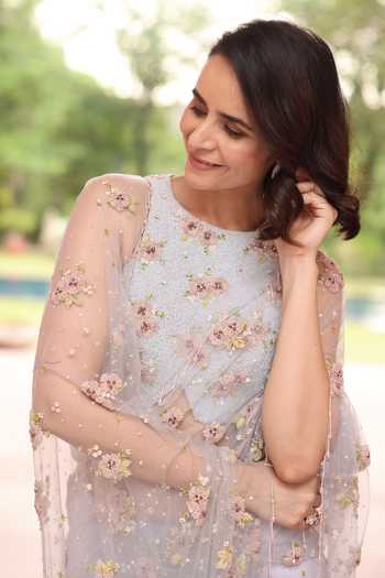 Buy_Summer By Priyanka Gupta_Blue Net Halter Neck Crystal Garden Saree With Blouse _Online_at_Aza_Fashions