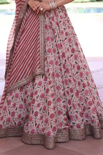 Buy_Summer By Priyanka Gupta_Beige Chanderi Round Neck Noor E Summer Printed Lehenga Set _Online