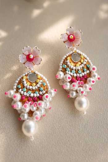 Shop_KIHOY_Pink Flora Embroidered Dangler Earrings _at_Aza_Fashions