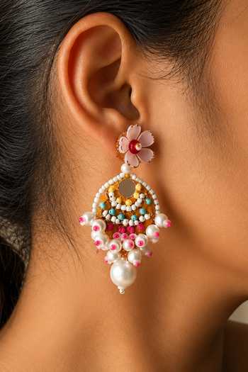 Buy_KIHOY_Pink Flora Embroidered Dangler Earrings _at_Aza_Fashions