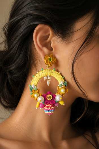 Buy_KIHOY_Yellow Bouquet Floral Embroidered Earrings _at_Aza_Fashions