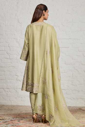Shop_Sue Mue_Green Silk, Cotton, Chanderi, Valerie Floral Embroidered Choga Kalidar Kurta Set _at_Aza_Fashions