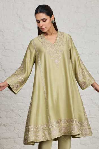 Sue Mue_Green Silk, Cotton, Chanderi, Valerie Floral Embroidered Choga Kalidar Kurta Set _Online_at_Aza_Fashions
