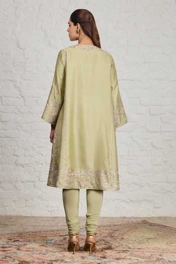 Buy_Sue Mue_Green Silk, Cotton, Chanderi, Valerie Floral Embroidered Choga Kalidar Kurta Set _Online_at_Aza_Fashions