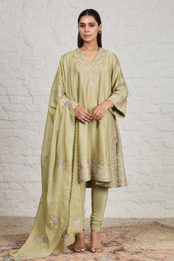 Buy_Sue Mue_Green Silk, Cotton, Chanderi, Valerie Floral Embroidered Choga Kalidar Kurta Set _at_Aza_Fashions