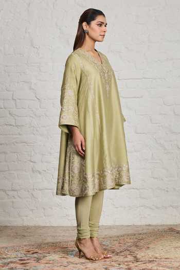 Sue Mue_Green Silk, Cotton, Chanderi, Valerie Floral Embroidered Choga Kalidar Kurta Set _at_Aza_Fashions