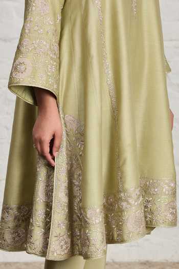 Shop_Sue Mue_Green Silk, Cotton, Chanderi, Valerie Floral Embroidered Choga Kalidar Kurta Set 