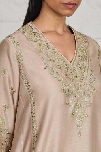 Sue Mue_Beige Silk, Cotton, Chanderi, Crepe, Valerie Embroidered Choga Kalidar Kurta Set _Online